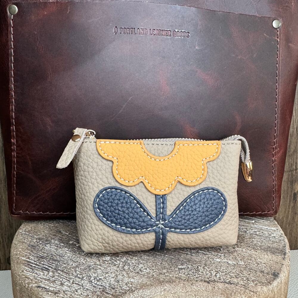 Flower Coin Purse Wallet Genuine Leather Taupe Wallet Beige Coin Purse FAST SHIP
